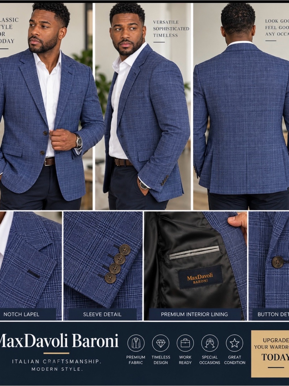MaxDavoli Baroni Men's Blue Windowpane Blazer